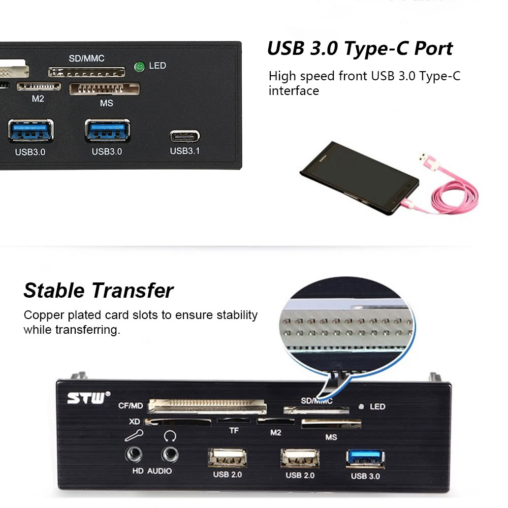 Sunshine-tipway STW 5.25" Internal Card Reader Media Multi-Function Dashboard PC Front Panel Type-C USB 3.1 USB 3.0 Support CF MD XD MMC TF M2 MS