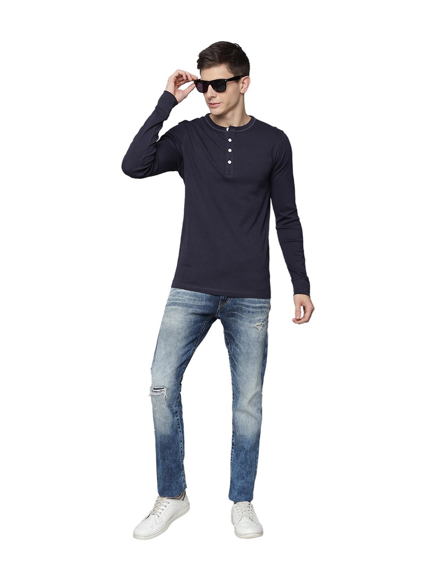 Lindbergh Navy Full Sleeves Henley T-Shirt
