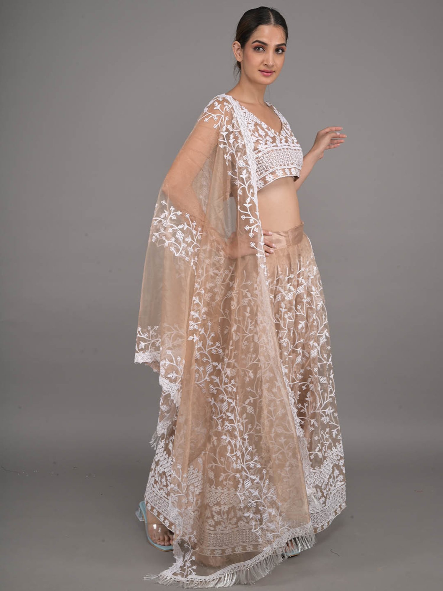 Odette Beige Embroidered Lehenga Choli Set With Dupatta