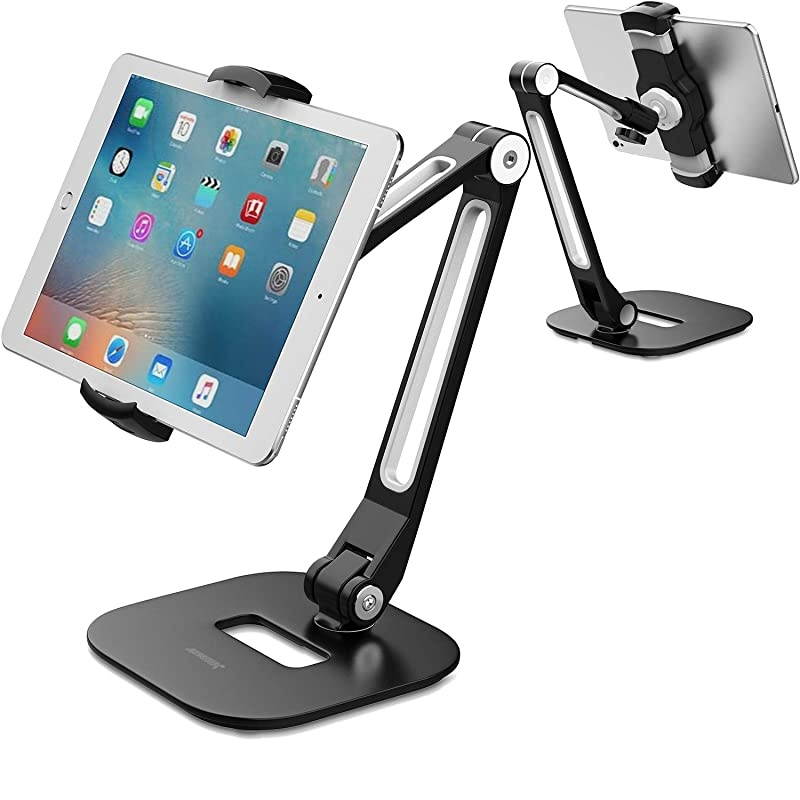 Long Arm Aluminum Tablet Stand, Folding iPad Stand with 360&deg; Swivel iPhone Clamp Mount Holder, Fits 4-11" Display Tablet/Phones for Kitchen Table Bedside Office Desk POS Kiosk Reception