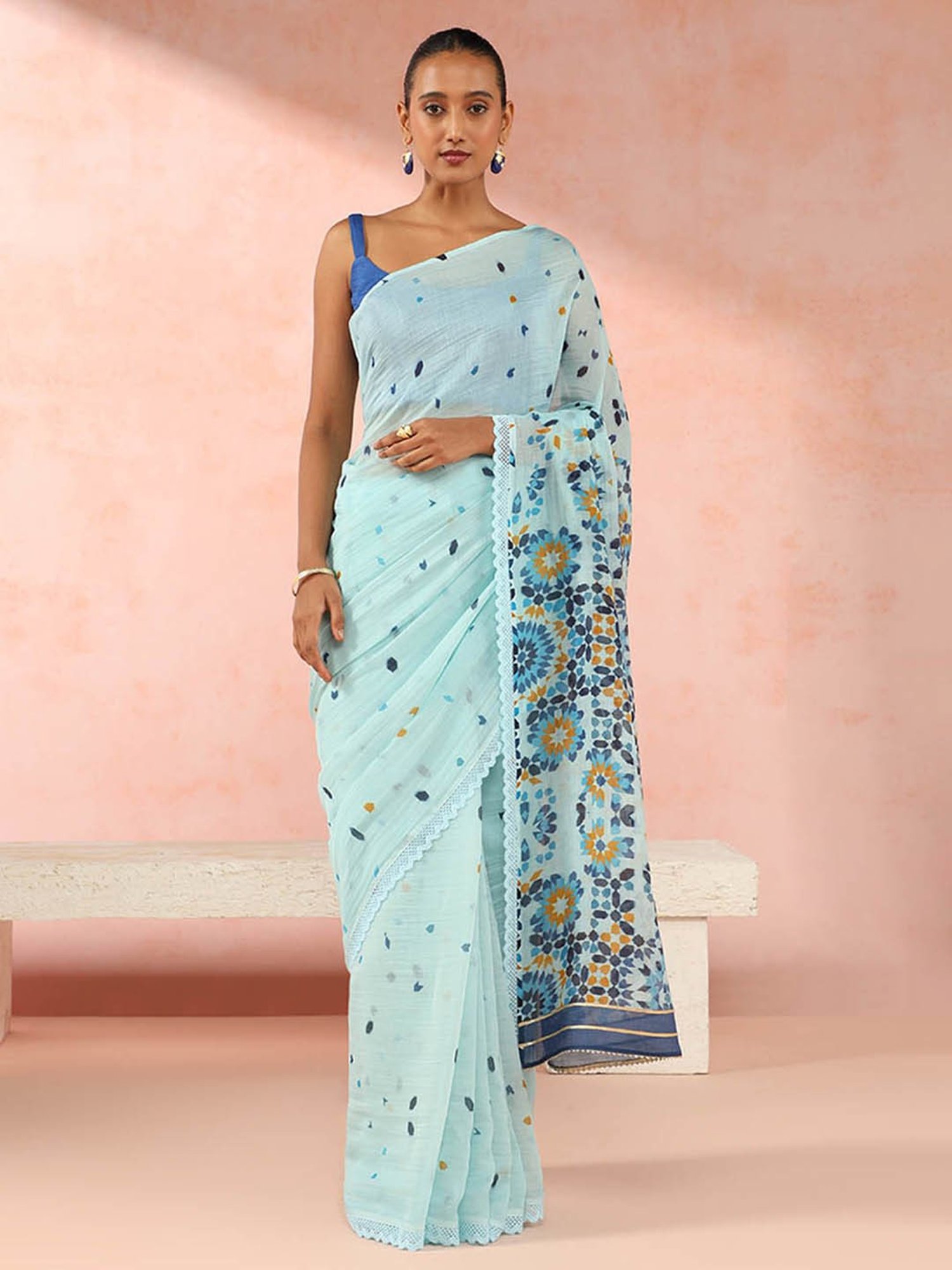 Taneira Blue Cotton Silk Printed Saree With Unstitched Blouse Piece