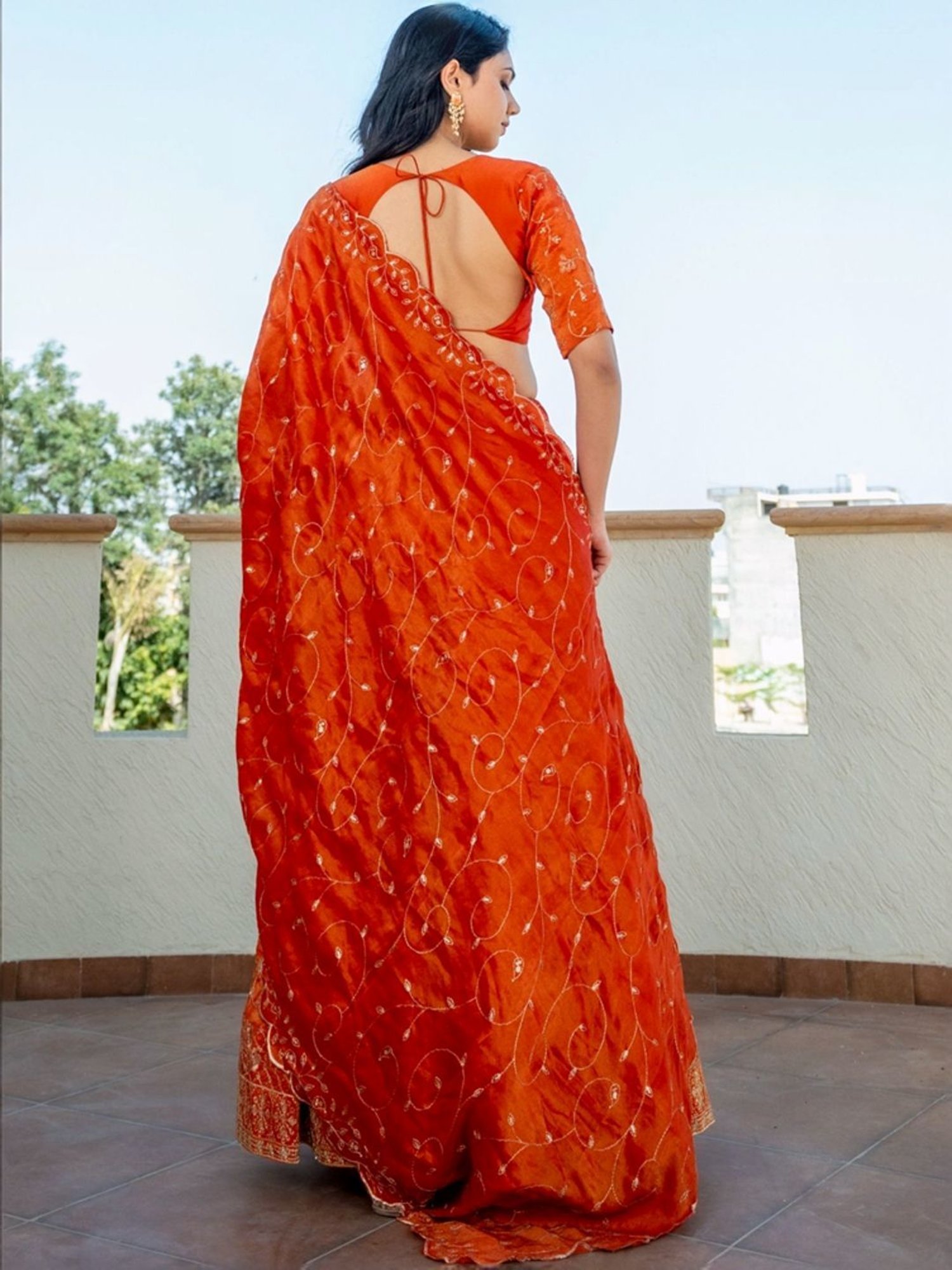 HOUSE OF JAMOTI Orange Embroidered Lehenga Choli Set With Dupatta