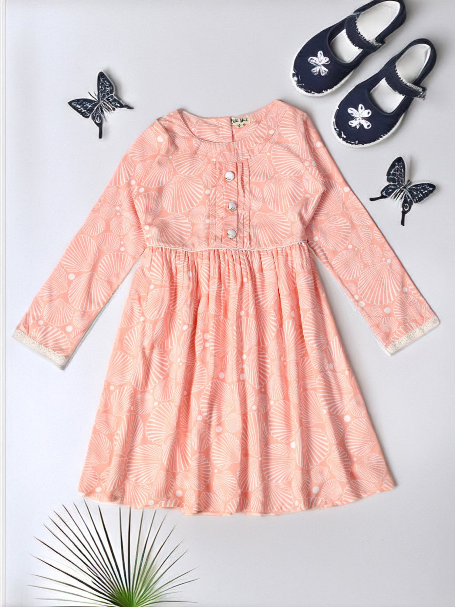 Bella Moda Kids Peach Printed Full Sleeves Fit & Flare Dress