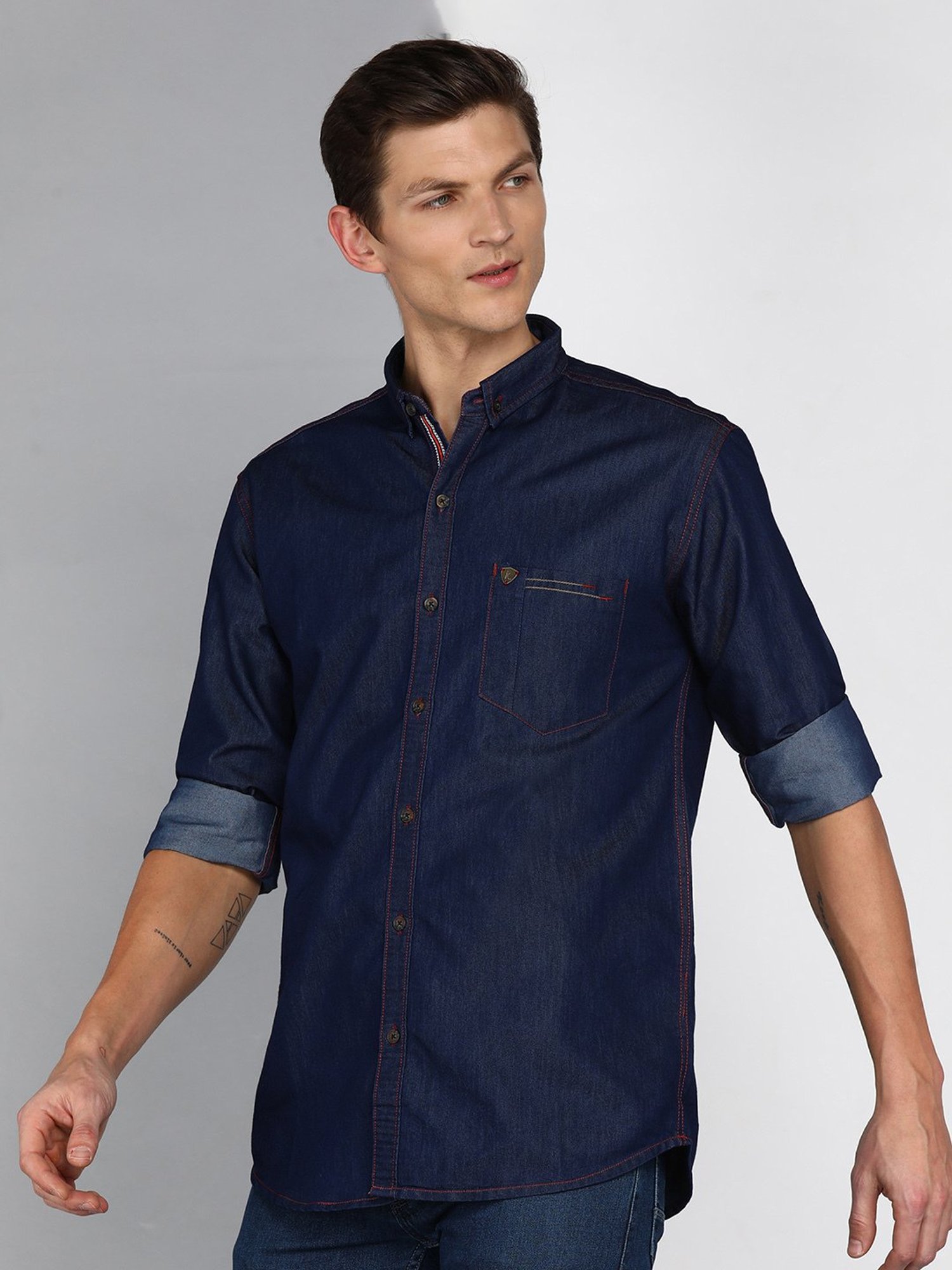 Kuons Avenue Dark Blue Slim Fit Denim Shirt