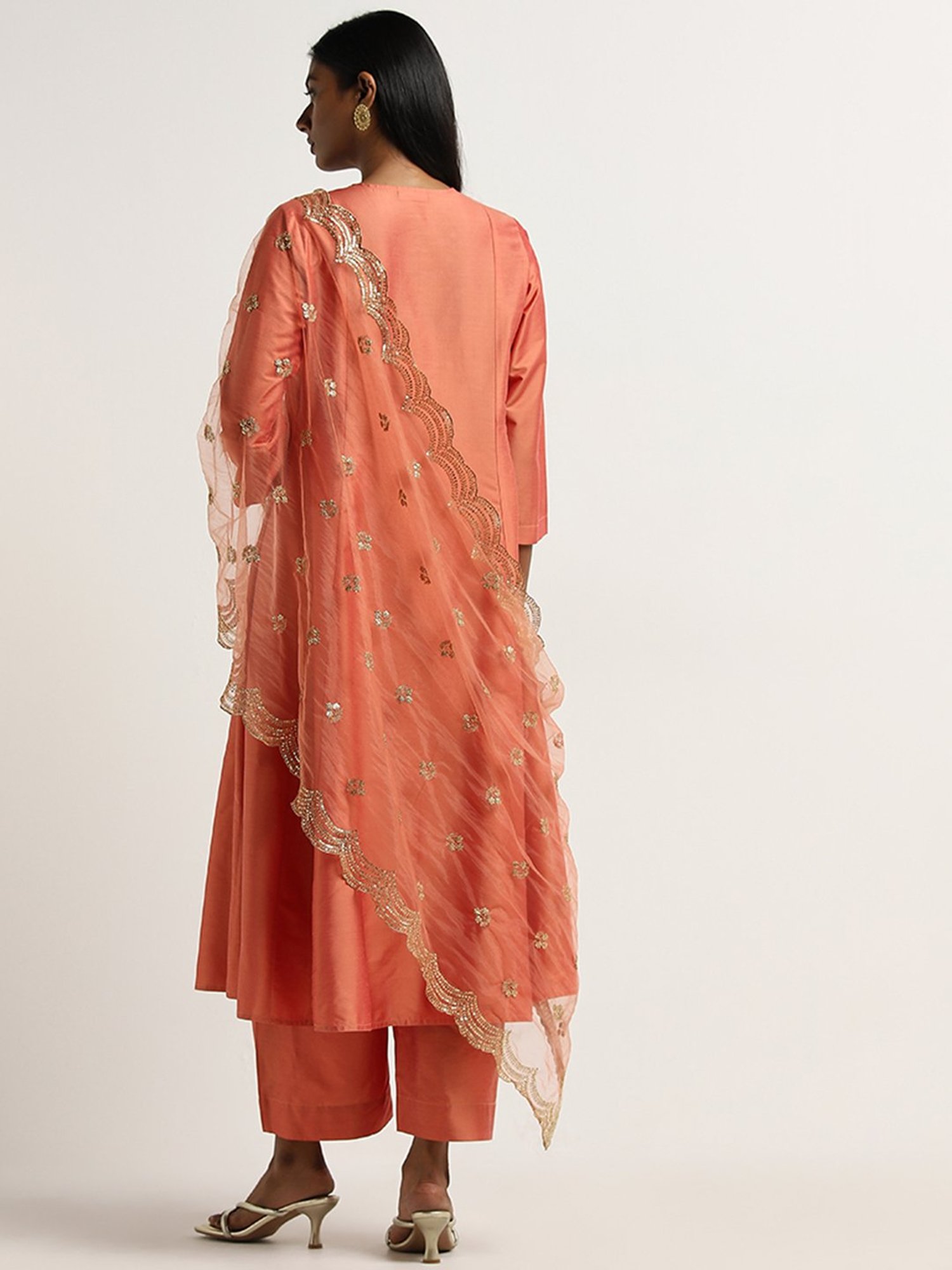 Vark by Westside Orange Solid A-Line Kurta, Palazzos and Dupatta Set