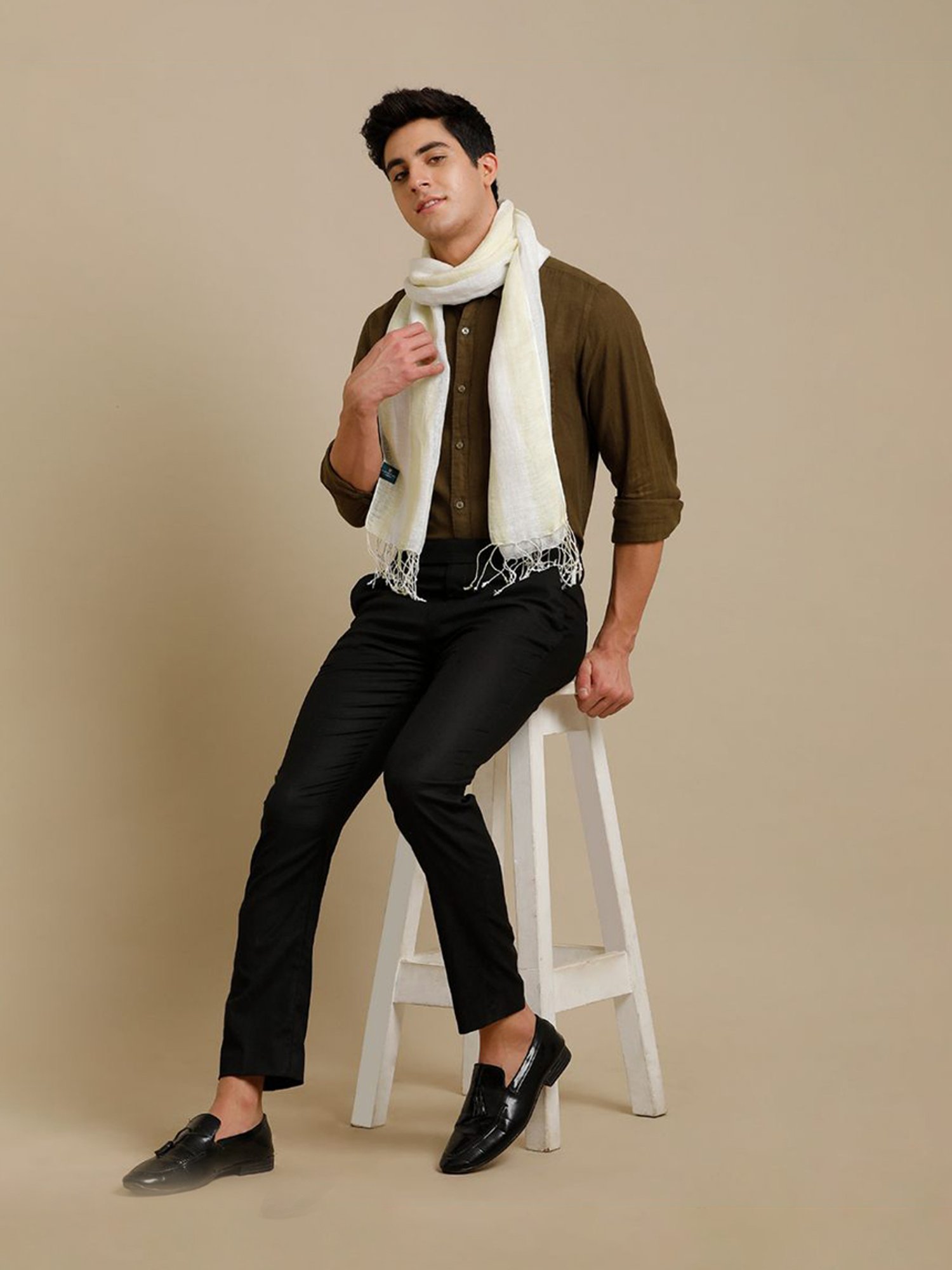 Linen Club White Striped Pure Linen Stole