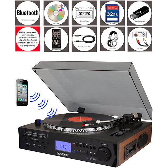 Boytone BT-11B Fully Automatic Large size Turntable Bluetooth Wireless speaker AM/FM, CD, USB, SD, Cassette Player