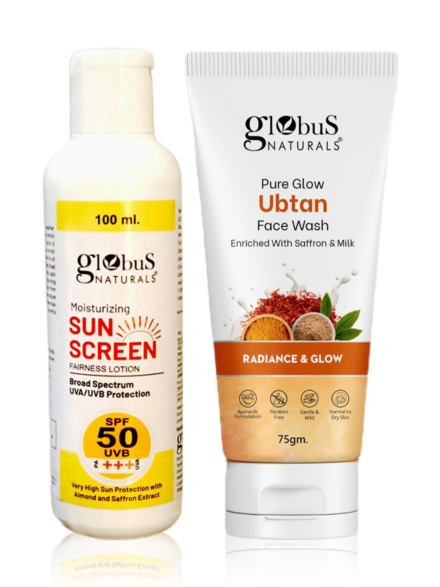 Globus Naturals Moisturizing Sunscreen SPF 50+++ & Ubtan Face Wash Combo