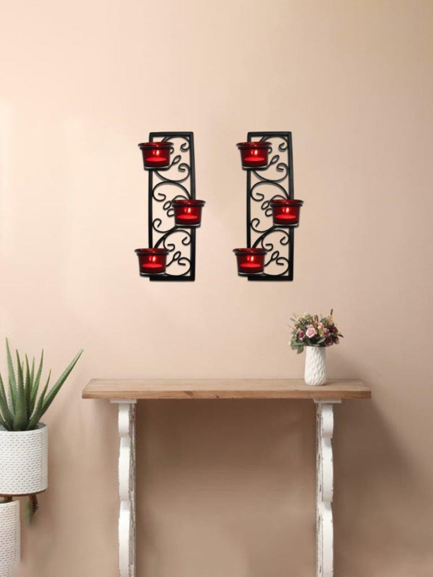 HOSLEY Black Metal Wall Hanging Tealight Candle Holder with Tealight Candles - Set of 2