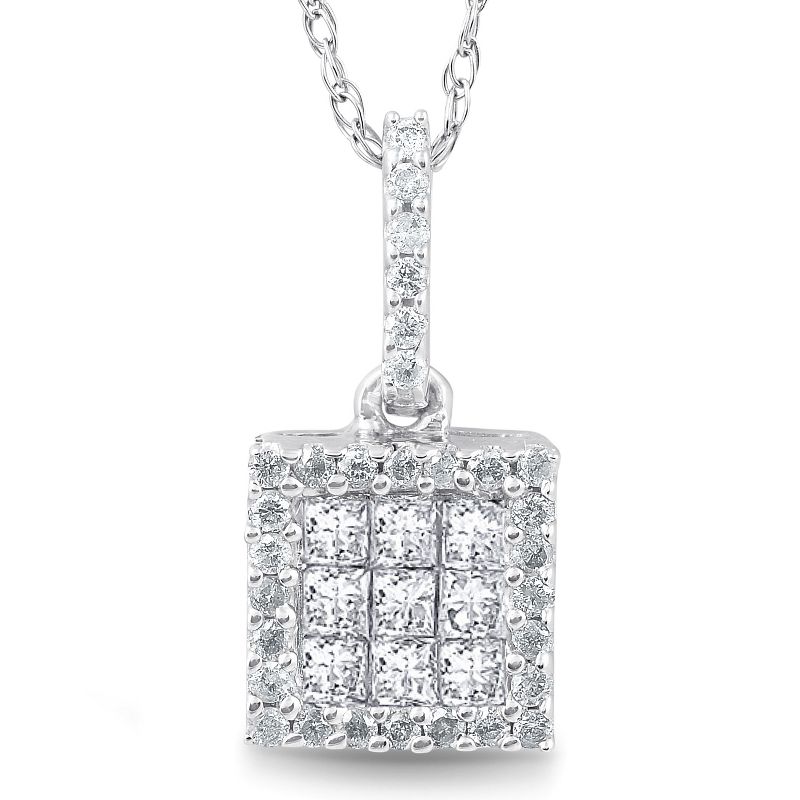 Pompeii3 3/8 cttw Princess Cut Pave Diamond Halo Pendant 10K White Gold 3/4" Tall