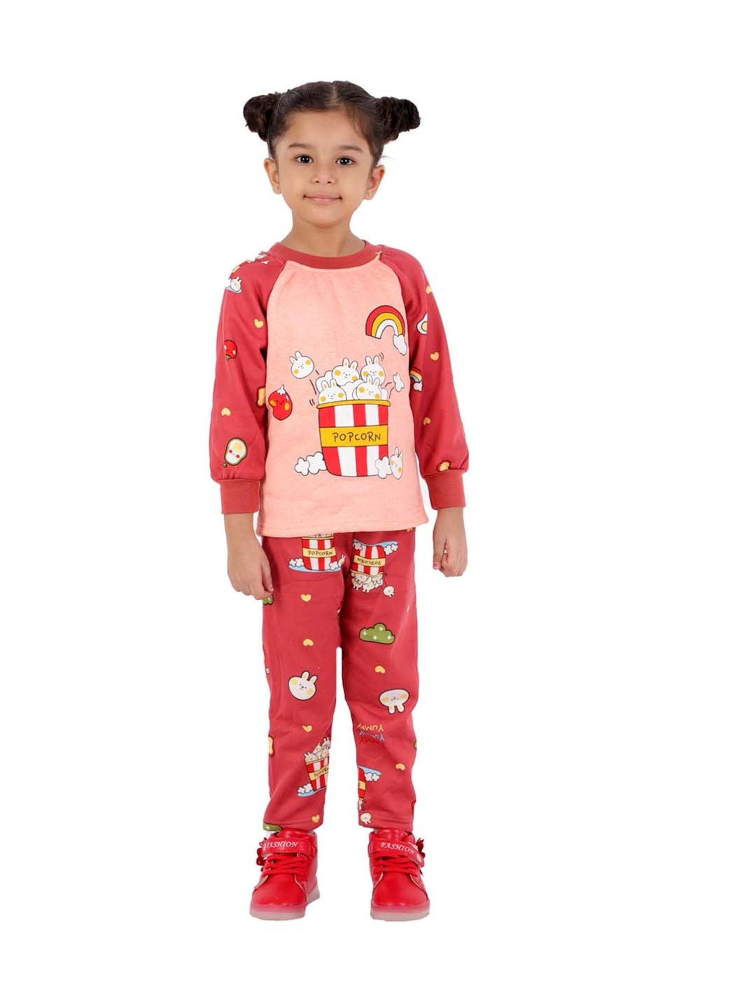 Ahhaaaa Kids Red & Pink Printed Sweatshirt with Pants