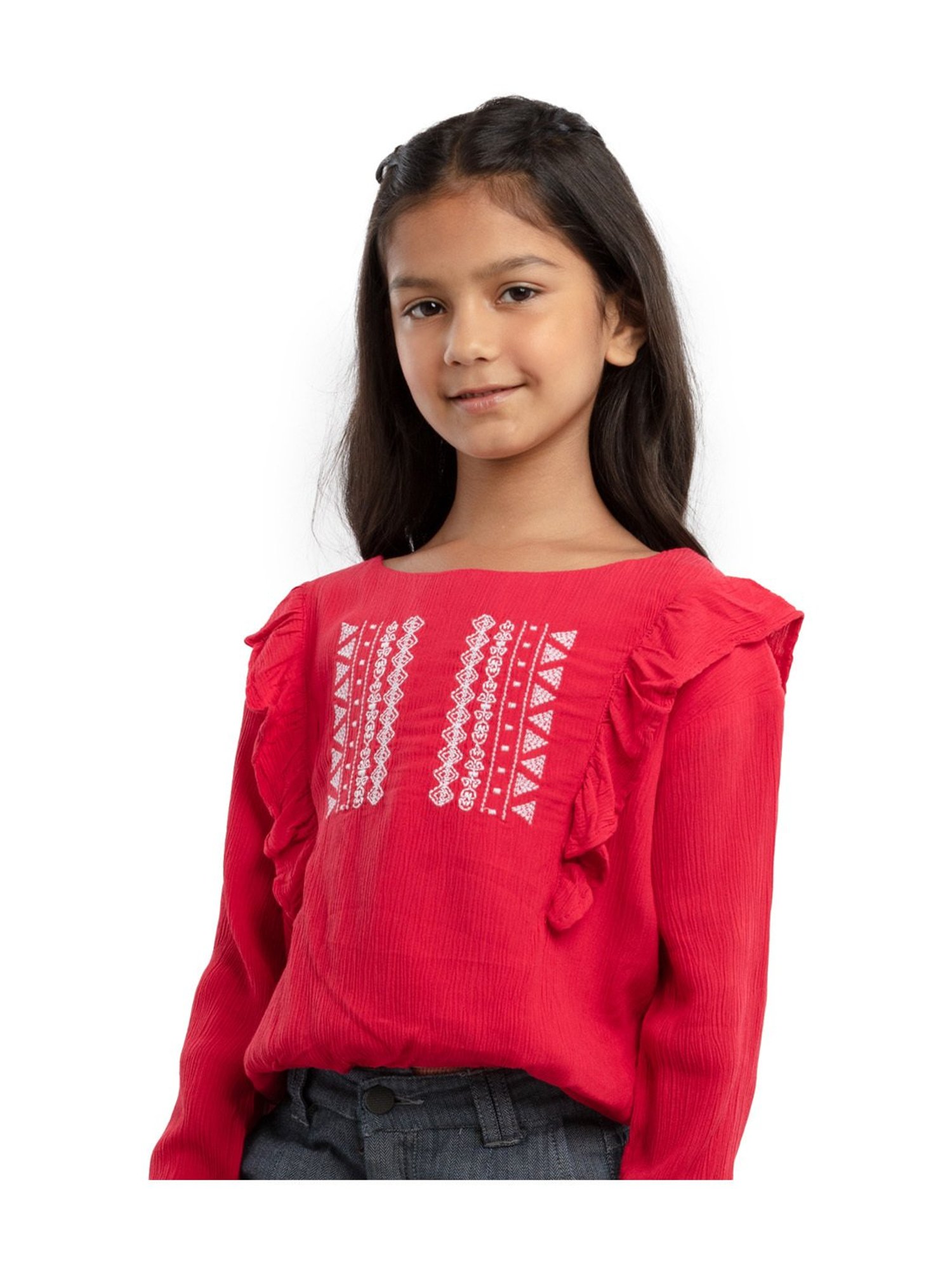 Under Fourteen Only Kids Red & White Embroidered Full Sleeves Top