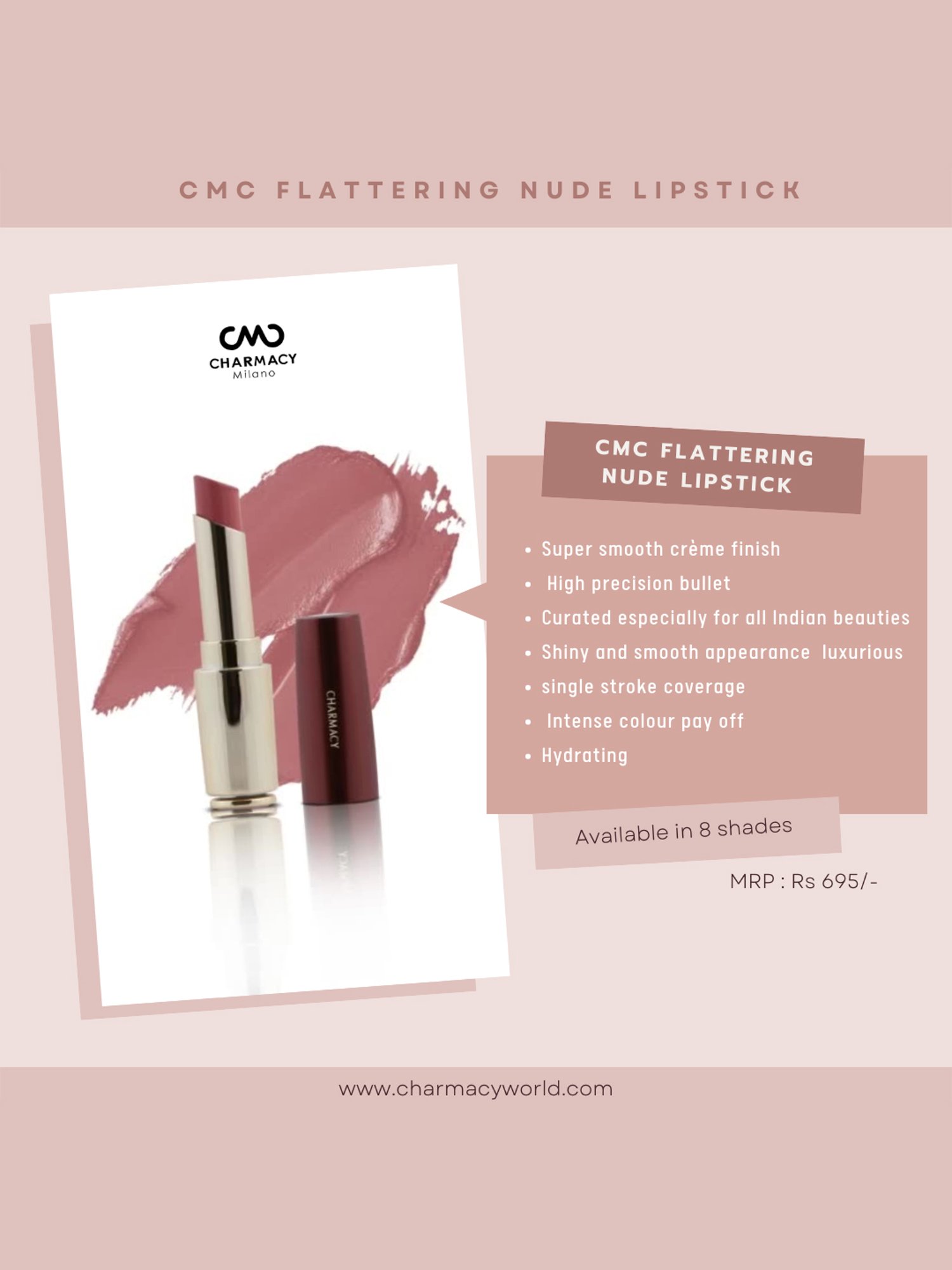 CHARMACY Milano Flattering Nude Lipstick 08 Bikini Tan - 3.6 gm