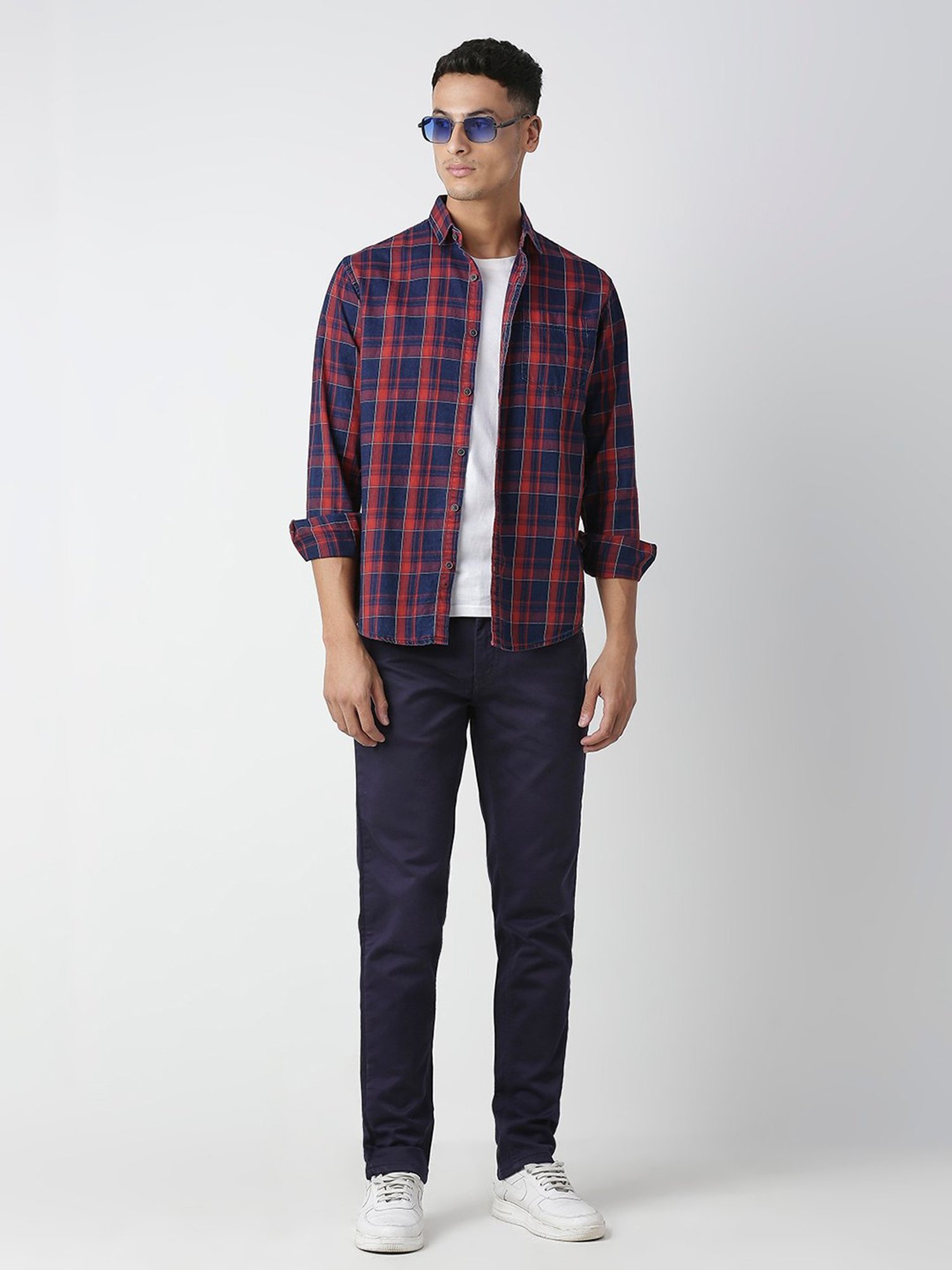HJ HASASI Blue & Red Slim Fit Check Cotton Shirt