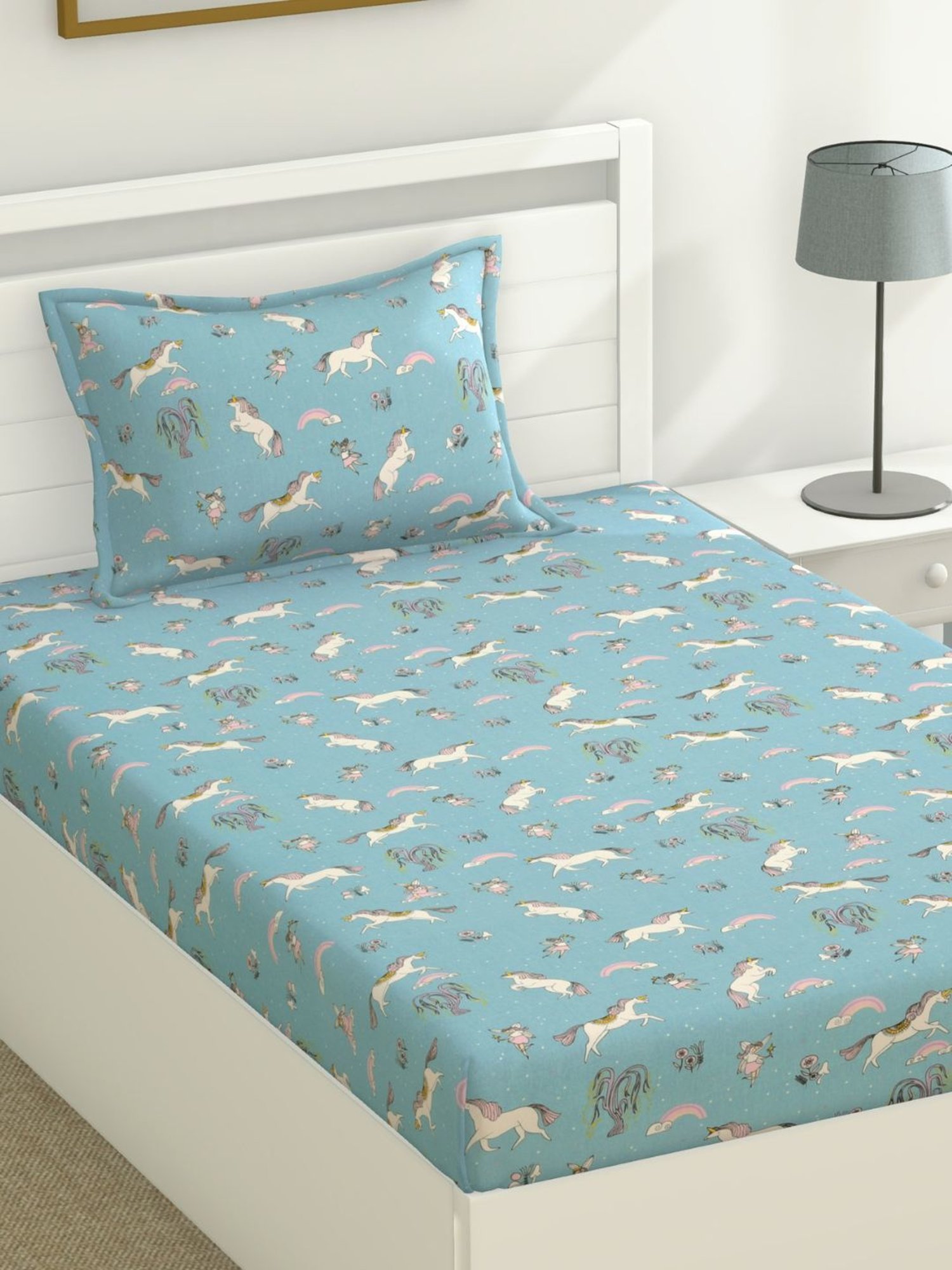 Haus & Kinder Printed Blue 120 TC Cotton Single Bedsheet