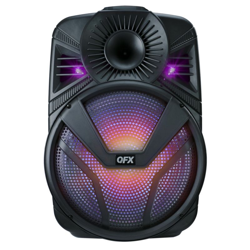 QFX PBX-615SM 15 Inch Rechargeable Bluetooth Portable Party Speaker System with LED Lights, Microphone, Stand, and Remote Control