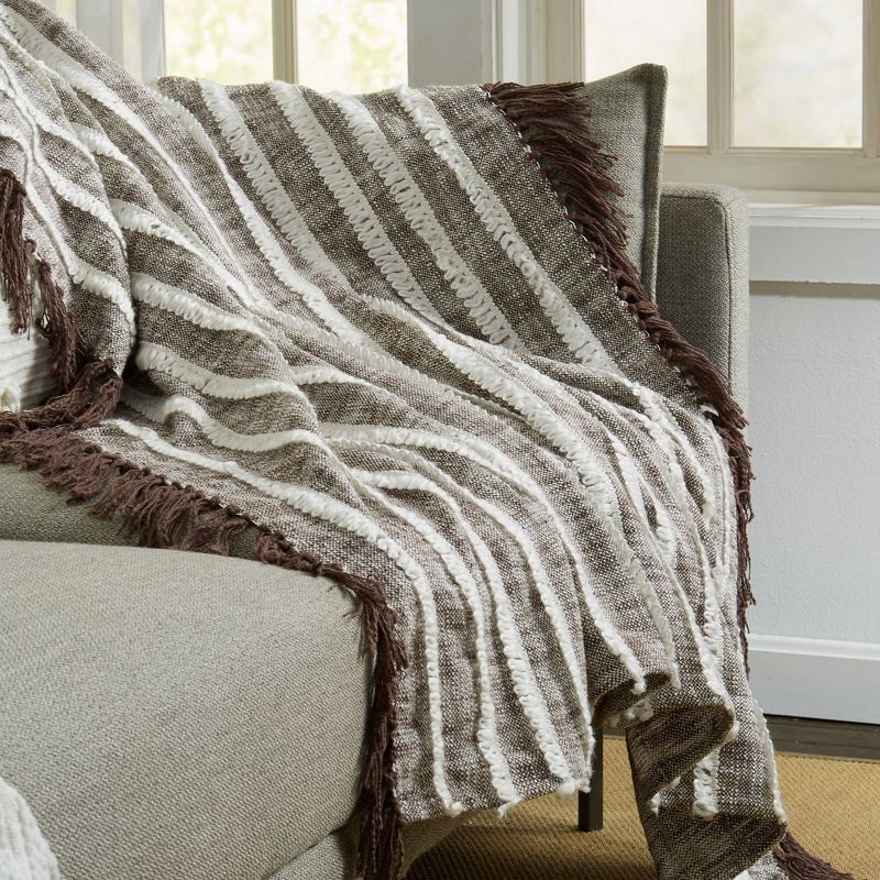 50"x60" Striped Throw Blanket with Tassel and Fringe Black/Natural - Patina Vie