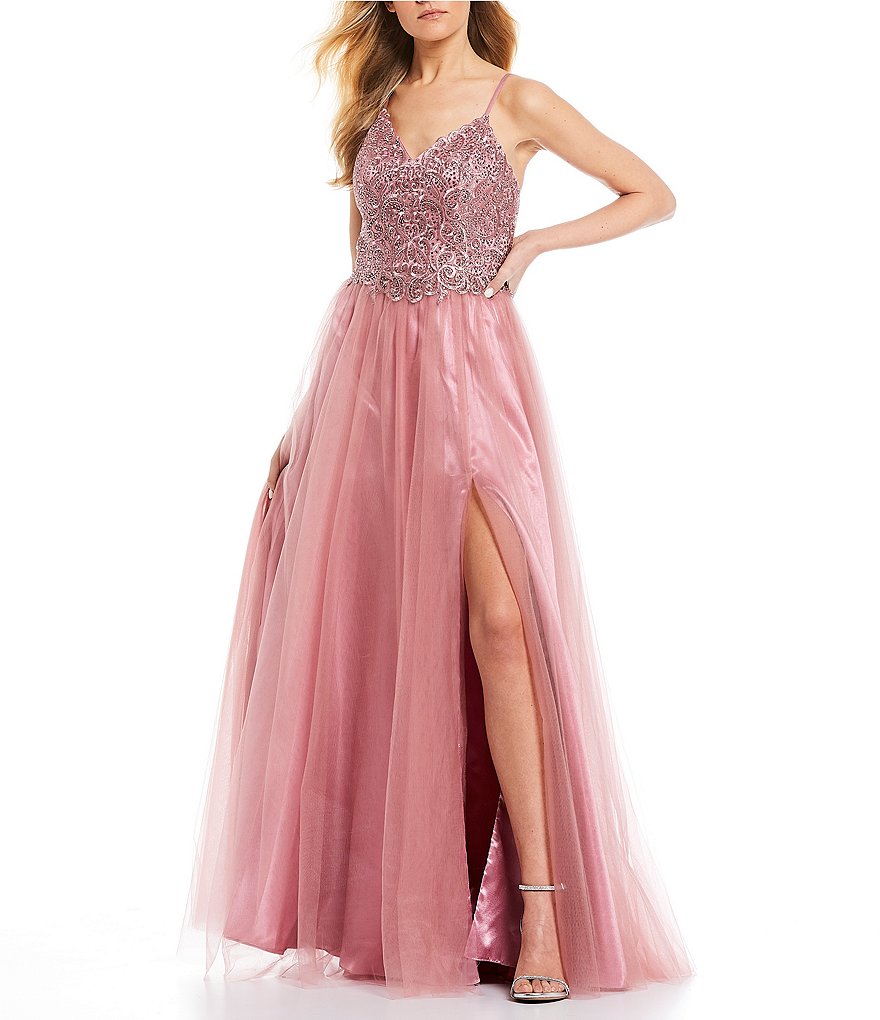 Blondie Nites Spaghetti Strap Embroidered Bodice Side Slit Mesh Ball Gown