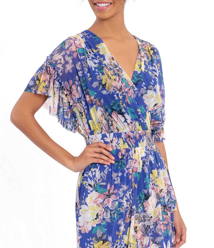 London Times Floral Short Sleeve Hi-Low Hem Faux Wrap Dress