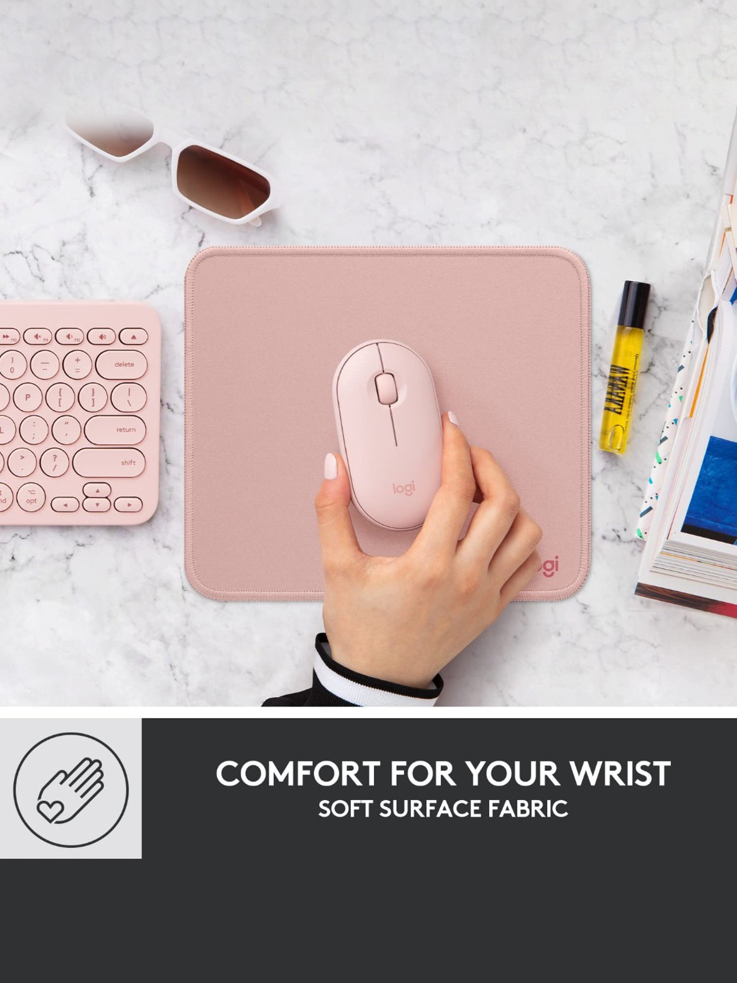 Logitech Mouse Pad - Studio Series, Computer Mouse Mat with Anti-Slip Rubber Base (Dark Rose)