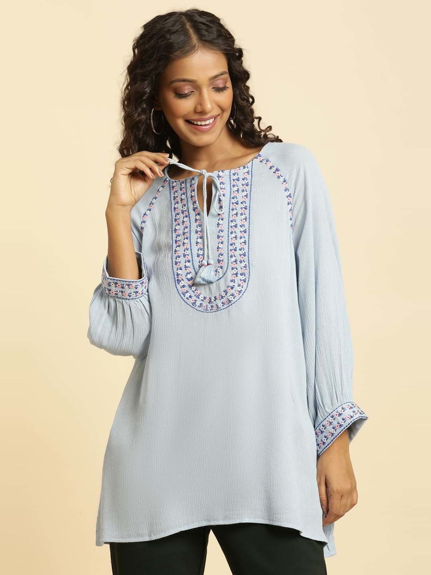 W Blue Embroidered Top