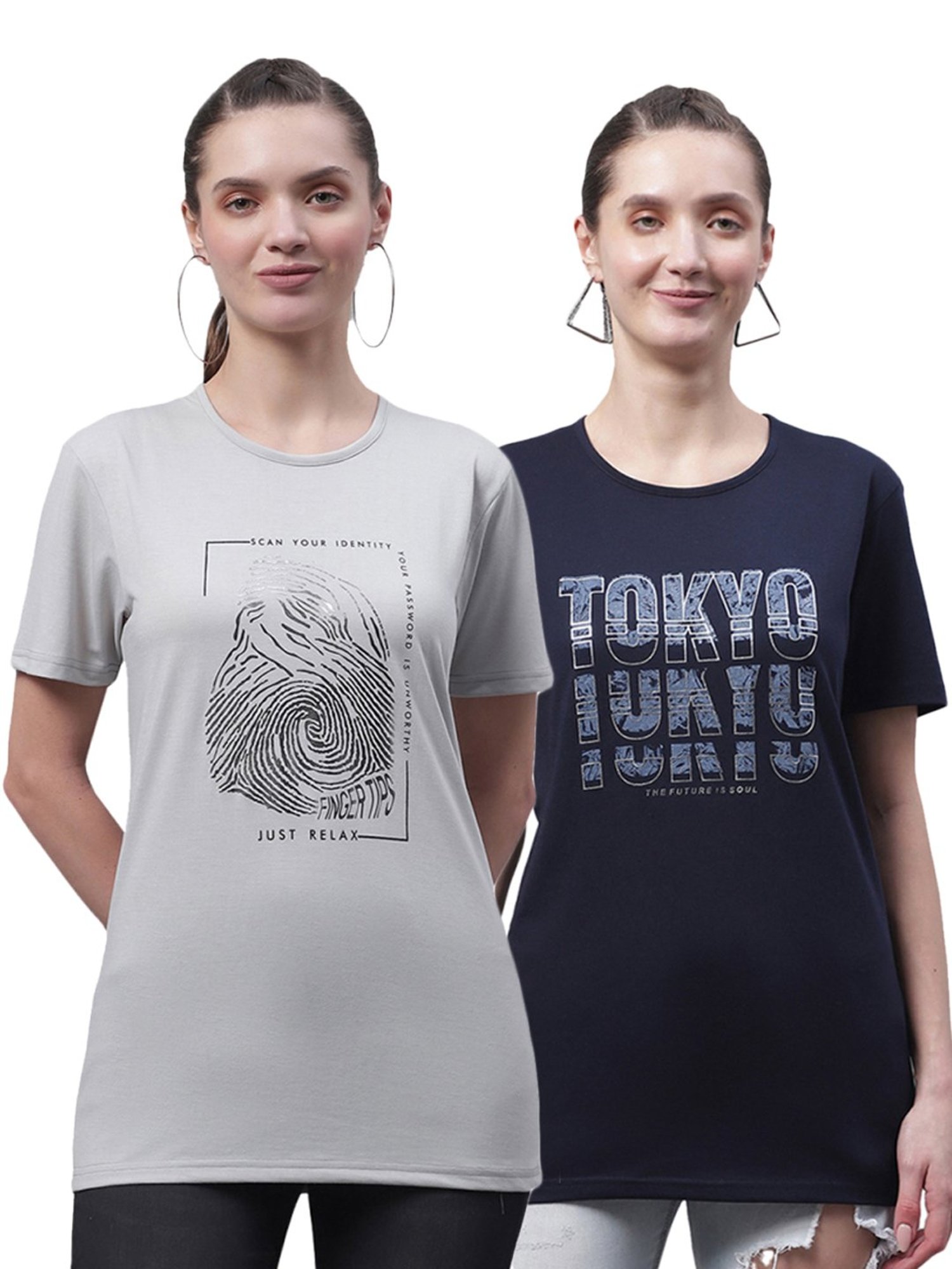 Vimal Jonney Grey & Navy Cotton Printed T-Shirt - Pack Of 2