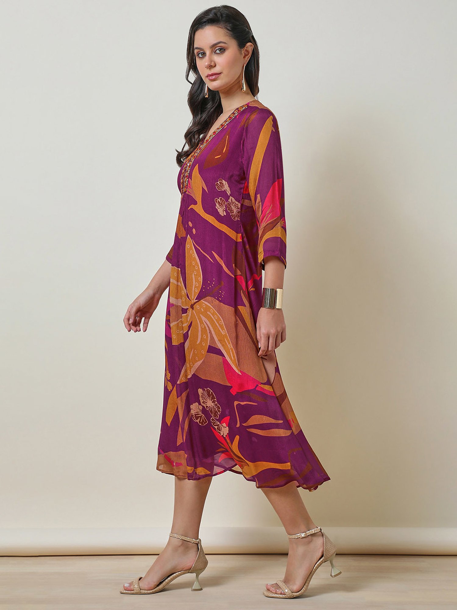 Saffron Threads Black Cotton Floral Print Ethnic Dress