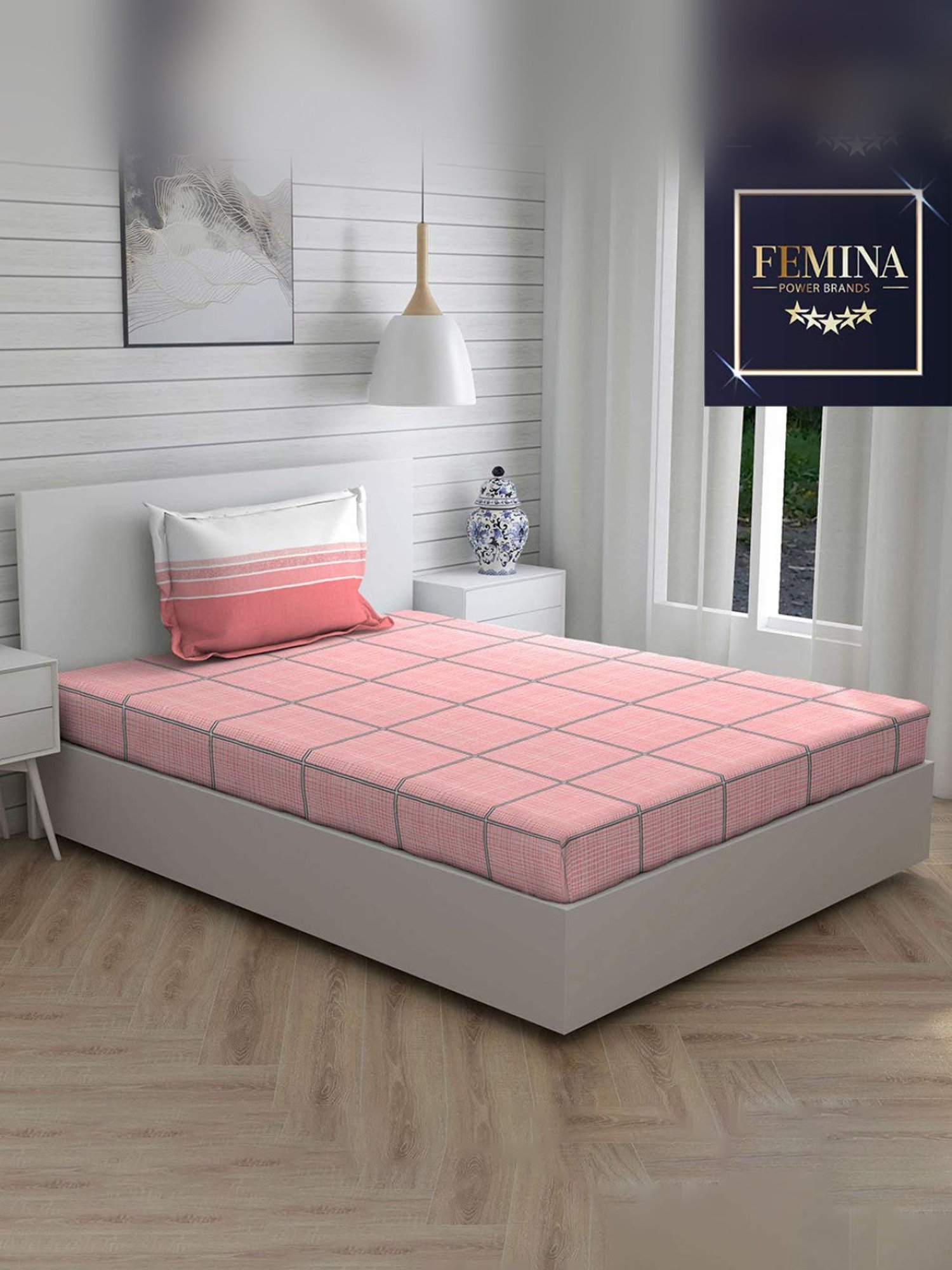 Layers Lombardy Checks Pink 140 TC Cotton Single Bed Sheet with 1 Pillow Cover