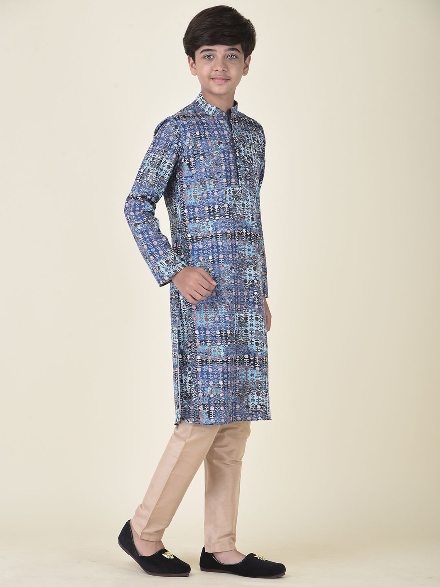 TABARD Kids Blue & Beige Printed Kurta + Pyjamas
