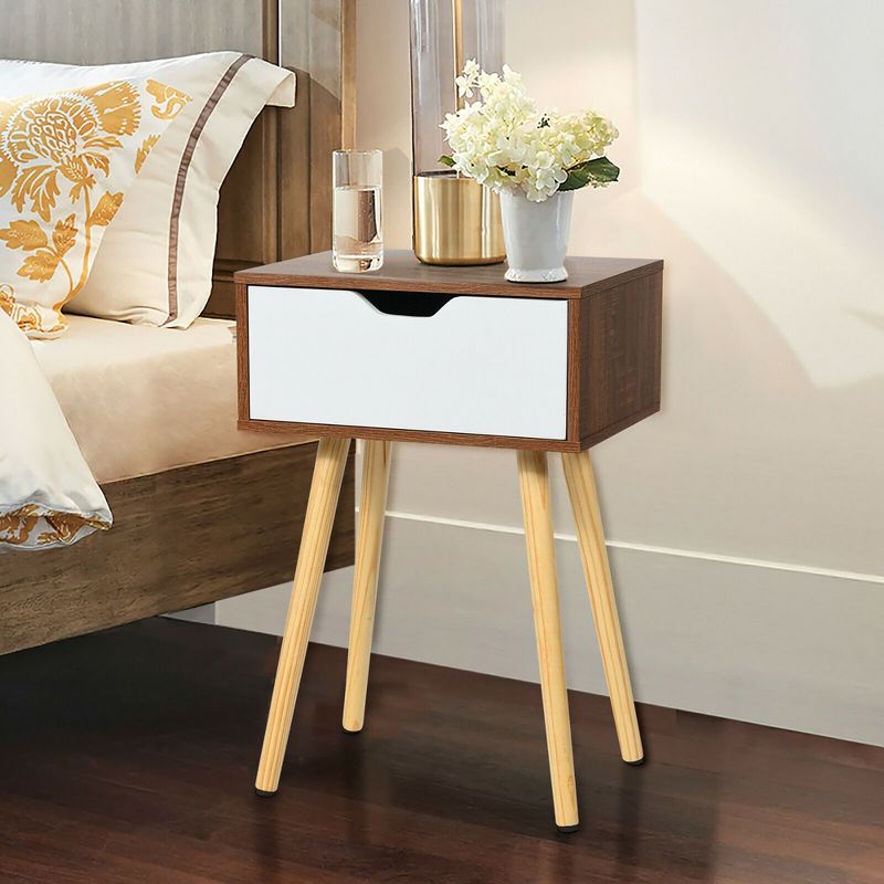 Costway 2PCS Nightstand End Side Sofa Table Storage Drawer Living Room W/Solid Wood Leg