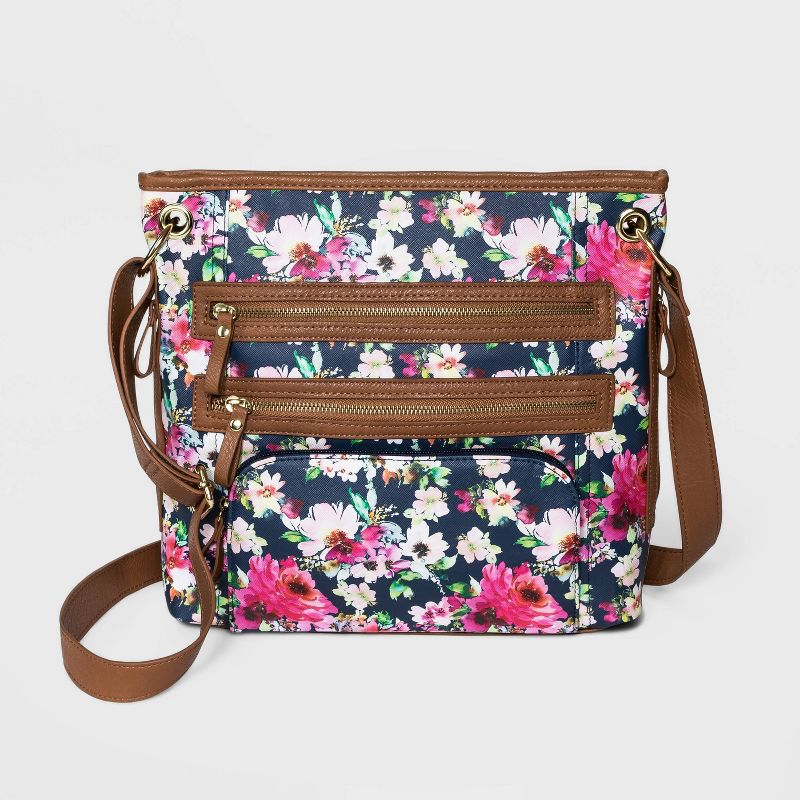 Bueno Floral Print Zip Closure Shoulder Bag - Navy