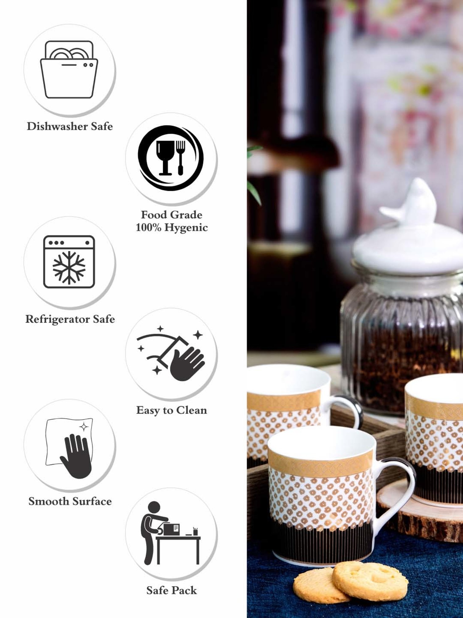 SONAKI White & Black Bone China Tea Coffee Mugs (0.21 L) - Set of 6