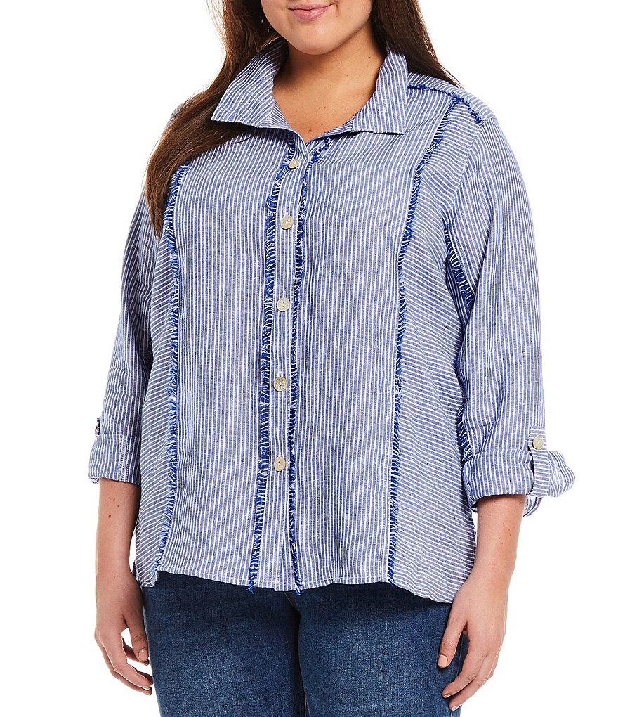 John Mark Plus Size Yarn Dye Stripe Fringe Trim Wire Point Collar Neck Button Down Roll-Tab Long Sleeve Blouse