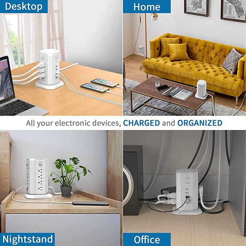 Power Strip Tower  Surge Protector Flat Plug 8 Outlets 5 USB Desktop Charging Station 6ft Extension Cord Individual Switches UL Listed 1080 J Circuit Breaker for Home and Office