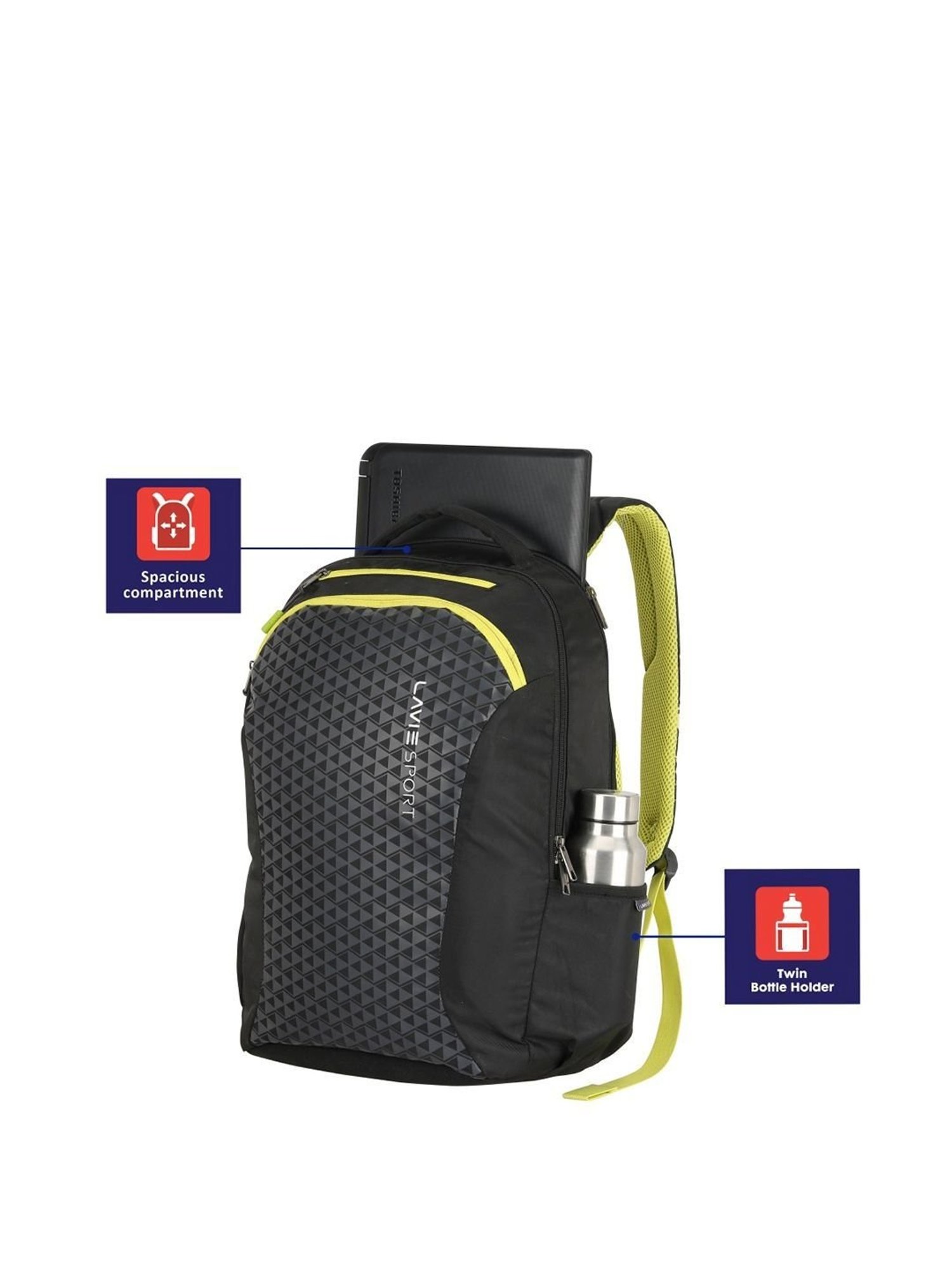 Lavie Sport Rapid Black & Grey Polyester Medium Laptop Backpack with Rain Cover