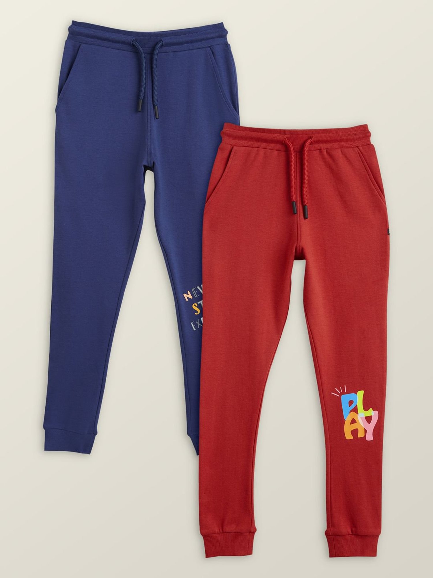 XY Life Kids Blue & Red Cotton Relaxed Fit Joggers (Pack of 2)
