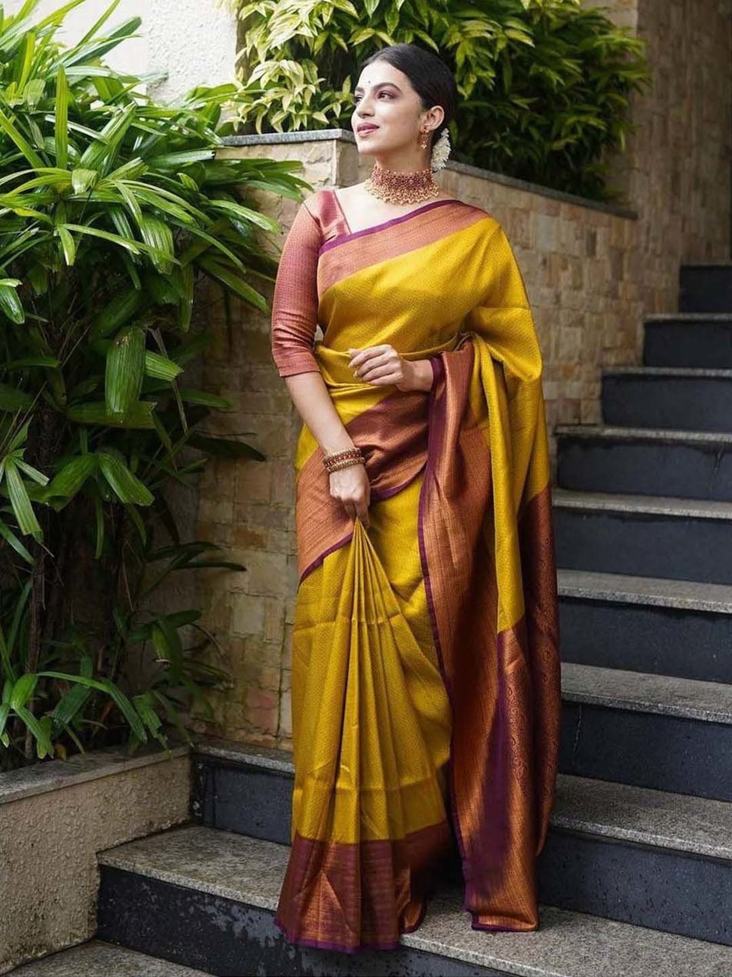 SHUBHKALA Yellow Silk Woven Saree With Unstitched Blouse