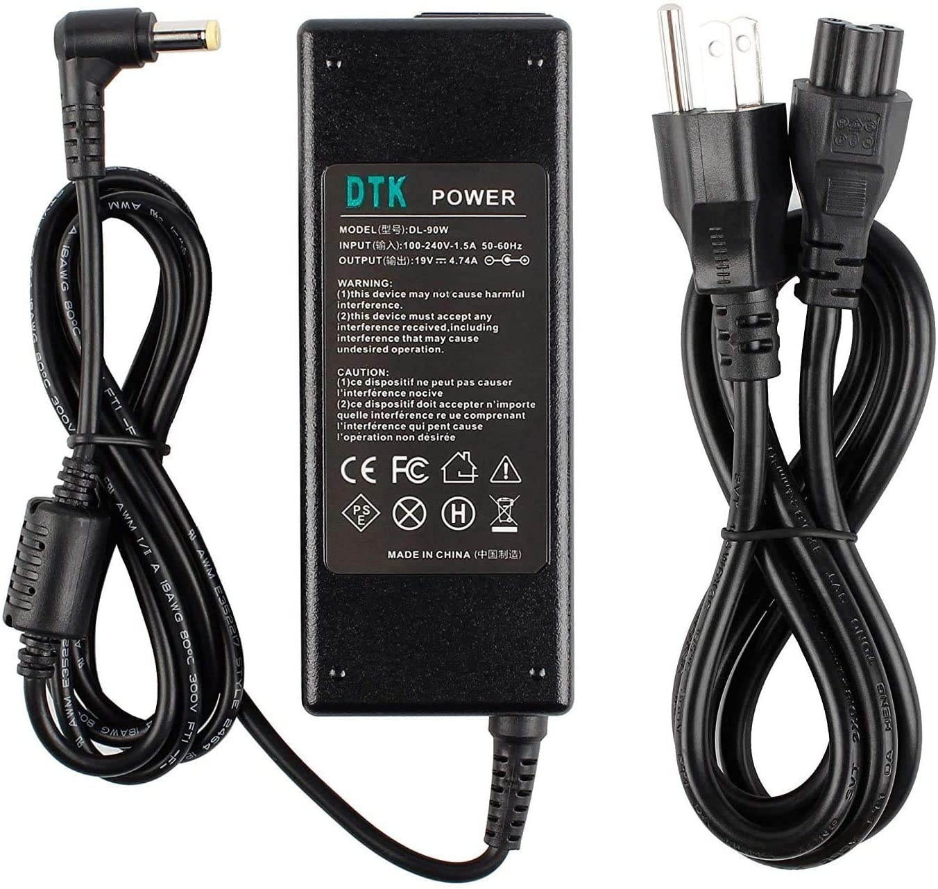DTK 19V 4.74A 90W Ac Adapter for Acer Laptop Computer Charger Notebook PC Power Cord Supply Source Plug (75W 65W Compatible) Connector Size: 5.5x1.7mm