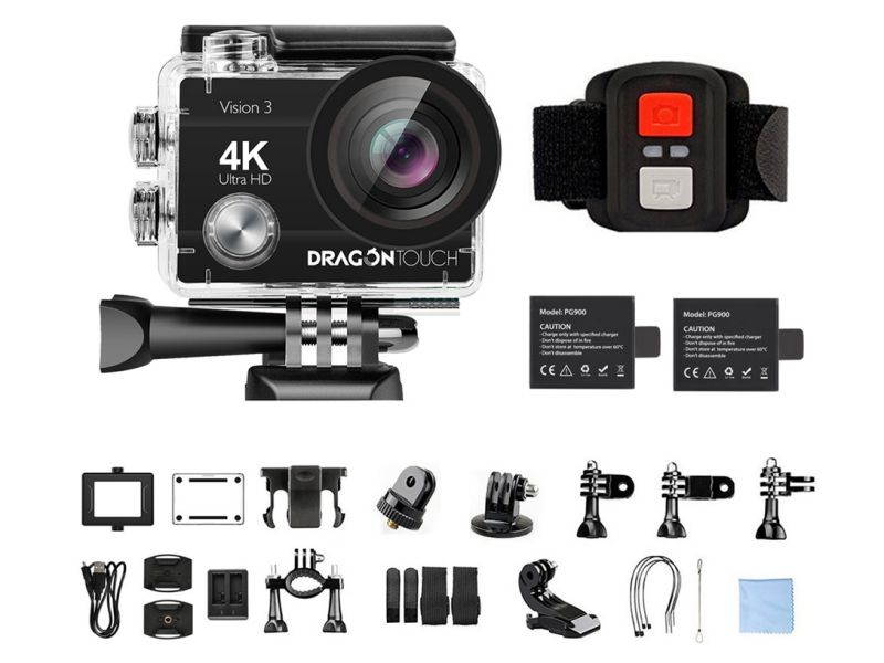 Dragon Touch Vision 3 4K Action Camera 16MP Underwater Waterproof Camera 170&deg; Wide Angle WiFi Sports Cam with Remote 2 Batteries and Mounting Accessories Kit