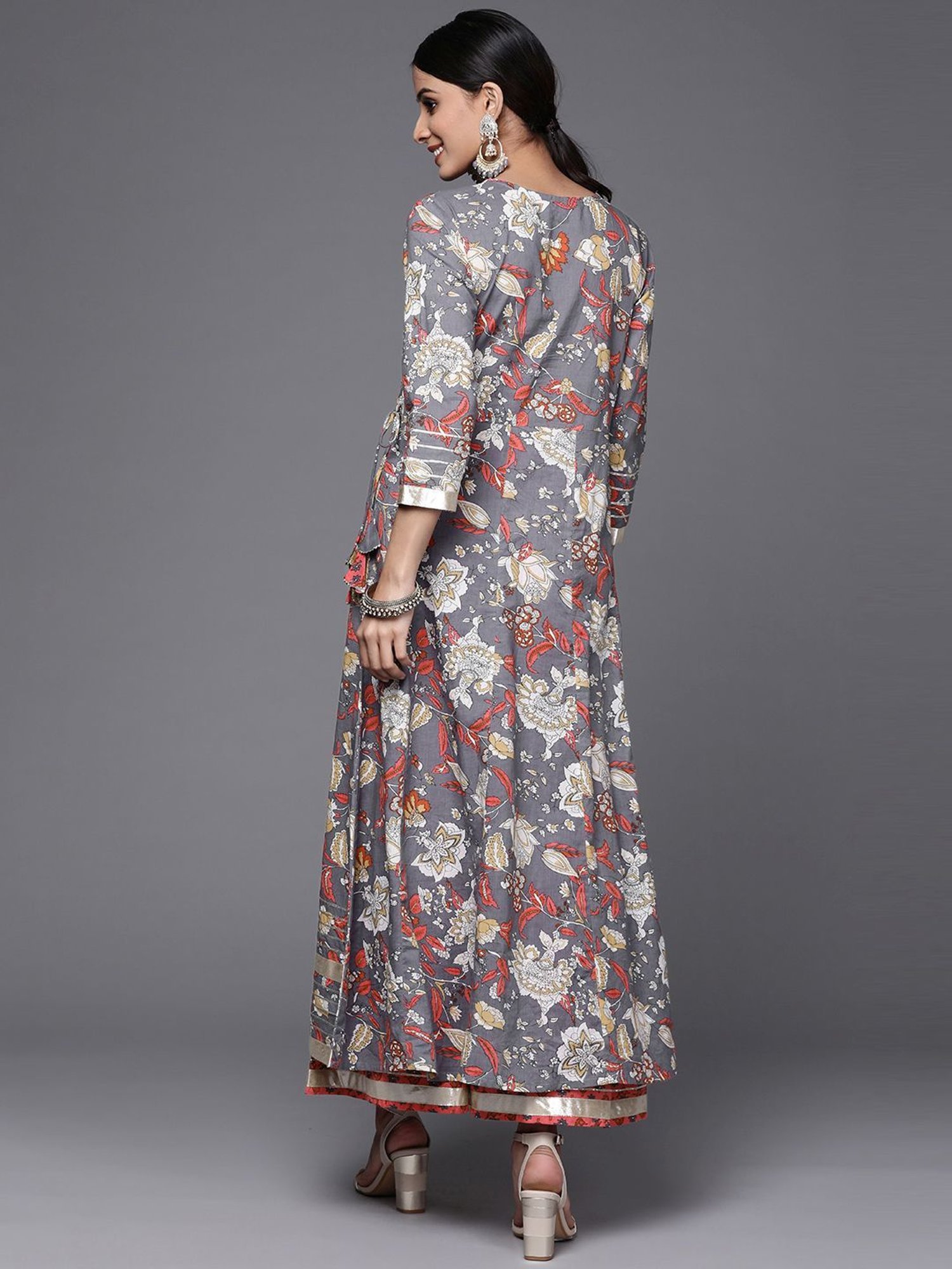 KSUT Grey & Pink Cotton Printed Kurta Palazzo Set