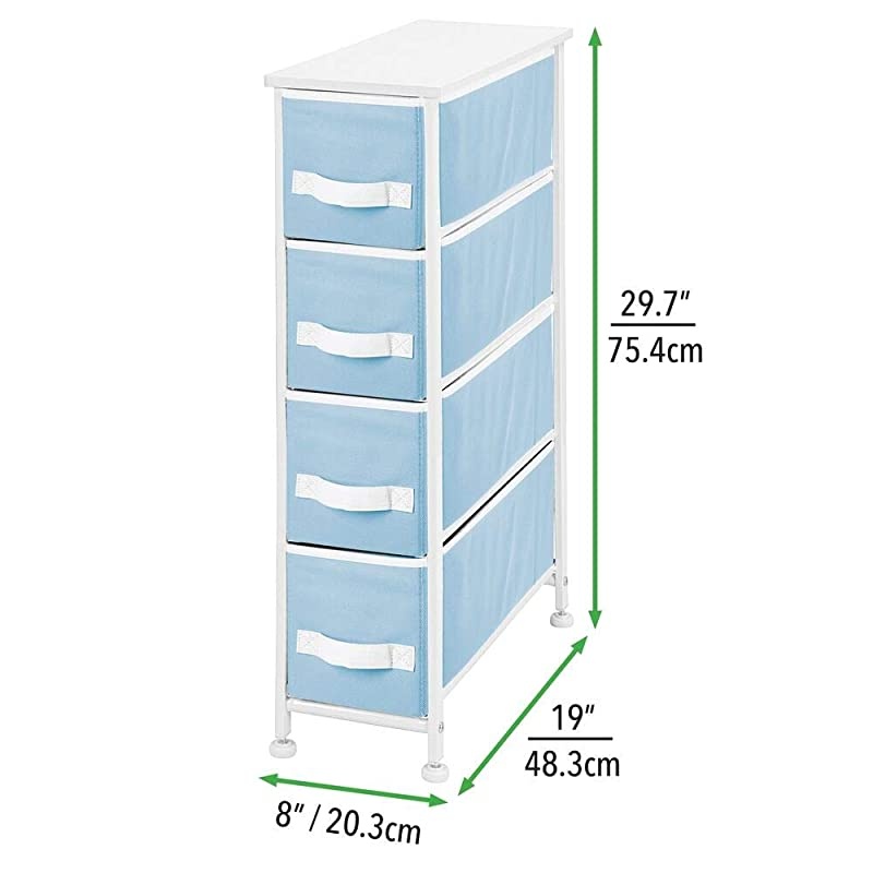 Narrow Vertical Dresser Storage Tower - Sturdy Metal Frame, Wood Top, Easy Pull Fabric Bins - Organizer Unit for Bedroom, Hallway, Entryway, Closet, 4 Drawers - Light Blue/White