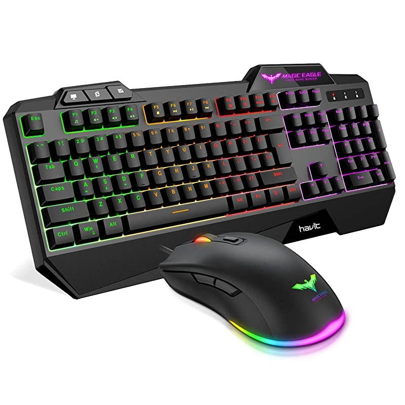 Wired Gaming Keyboard Mouse Combo LED Rainbow Backlit Gaming Keyboard RGB Gaming Mouse Ergonomic Wrist Rest 104 Keys Keyboard Mouse 4800 DPI for Windows & Mac PC Gamers (Black)