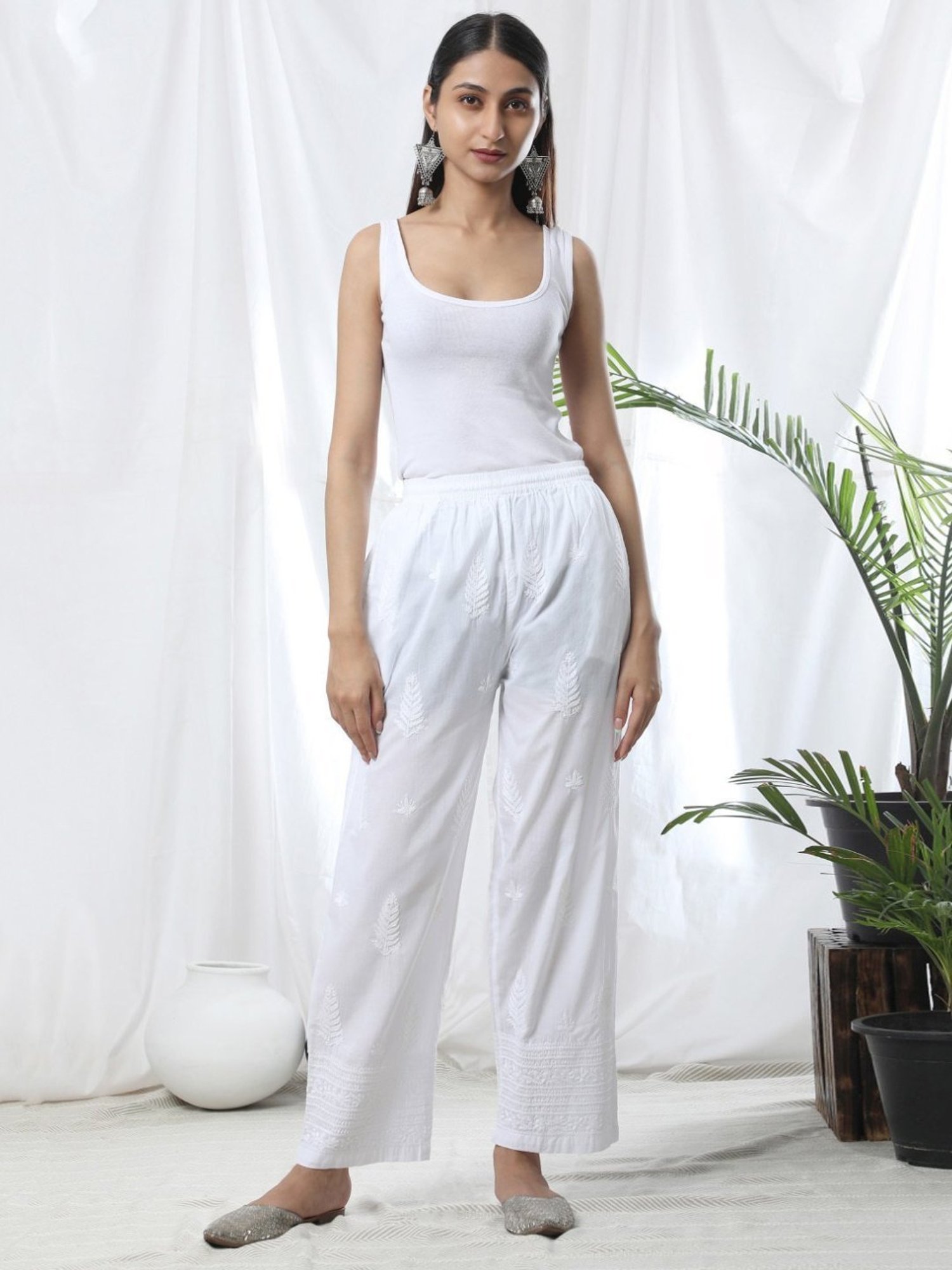House Of Kari HOK Chikankari White Cotton Pant Trouser