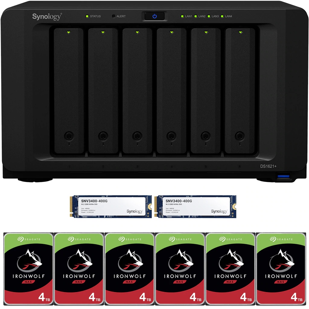 Synology DS1621+ DiskStation with 8GB RAM and 12TB (6 x 2TB) of Seagate Ironwolf NAS Drives and 800GB (2x400GB) NVME Cache Fully Assembled and Tested By CustomTechSales