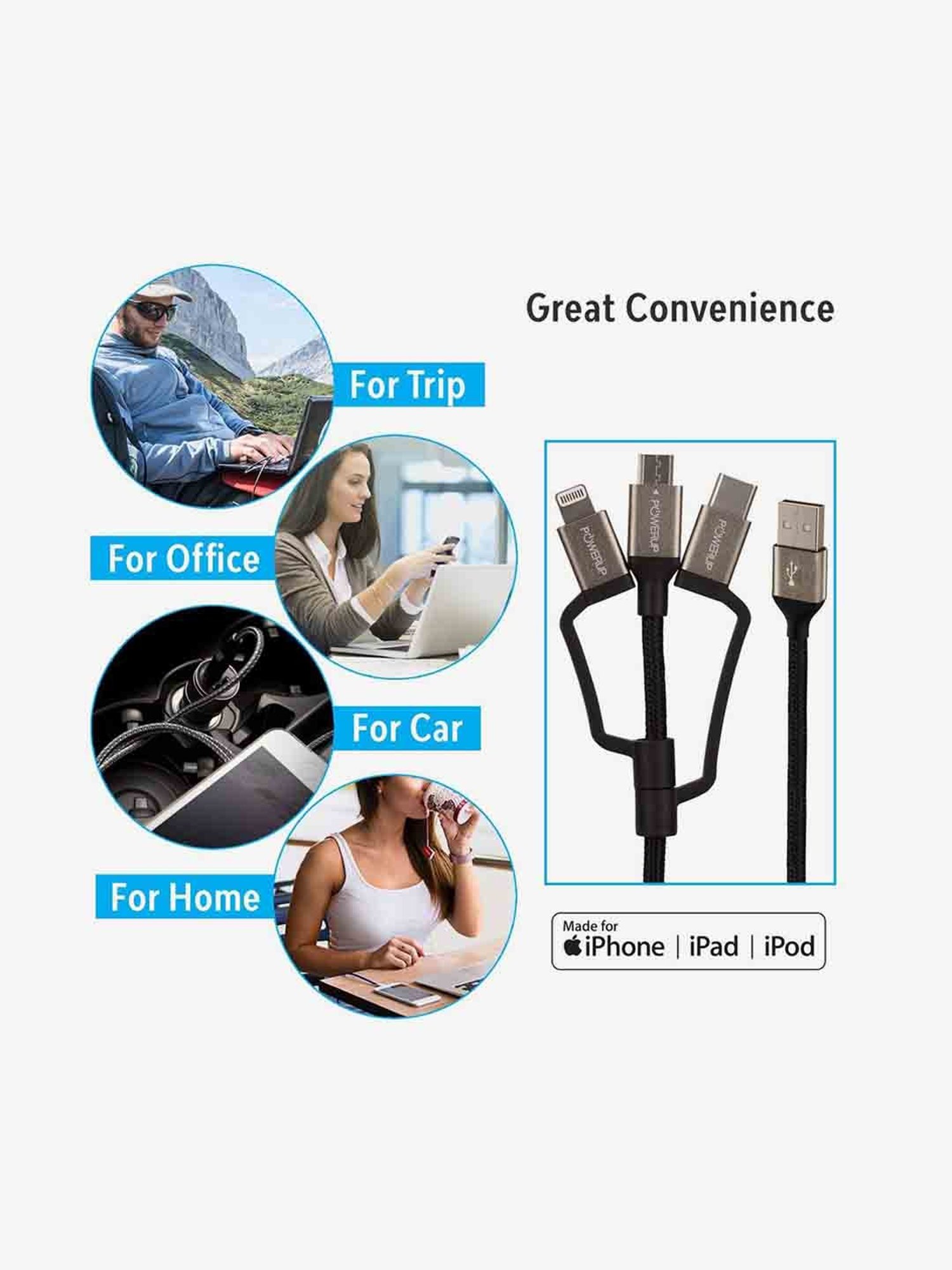 Powerup Stay Charged Usb To Lightning, Type C, Micro Apple Mfi Certified 1.5M (Black)