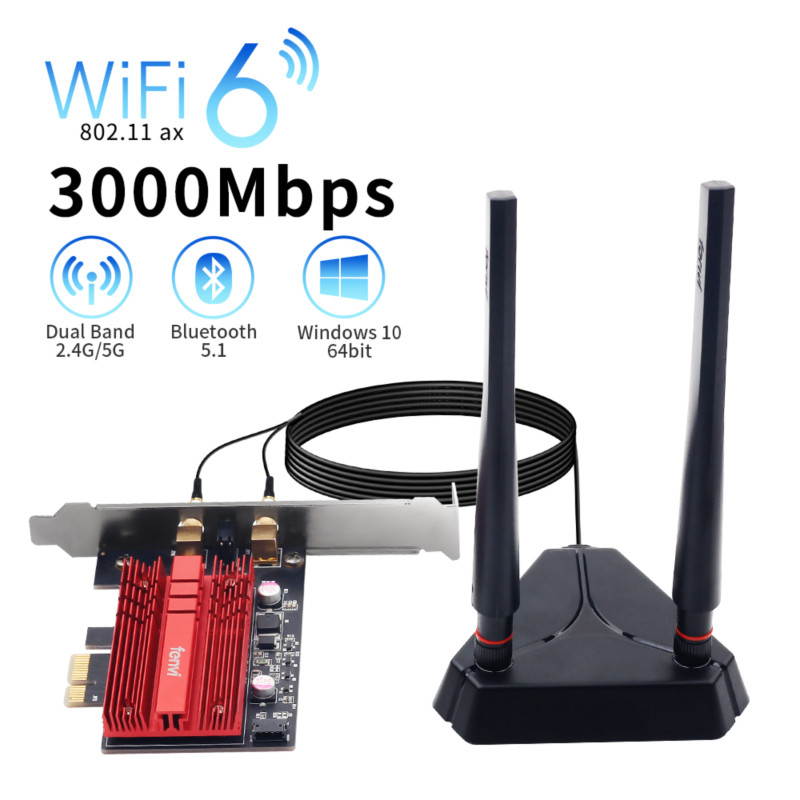 Fenvi PCI-e WiFi 6 Network Card AX3000Mbps Bluetooth 5.1 Wlan Adapter - Wireless PCI Express Wi-Fi Adapters 802.11AX AX200 2.4GHz/5GHz Dual Band Antenna Network Card for Windows 10