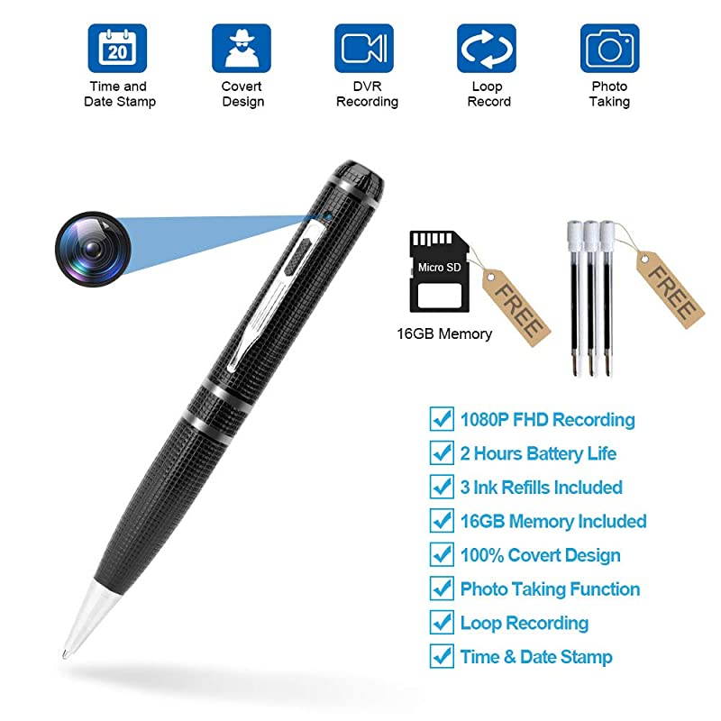 Hidden Camera Pen Recorder Spy Camera Pen Camcorder with Photo Taking2 Hours Battery LifePortable Digital Recorder with 16GB Memory and 3 Ink Refills Pocket DVR for Business and Conference