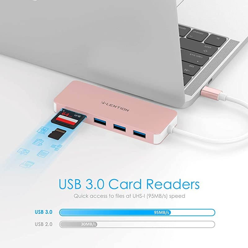 USB C Hub with 3 USB 3.0, SD/Micro SD Card Reader and Charging Adapter Compatible 2020-2016 MacBook Pro 13/15/16, New Mac Air/iPad Pro/Surface, Chromebook, More (CB-C16s, Rose Gold)