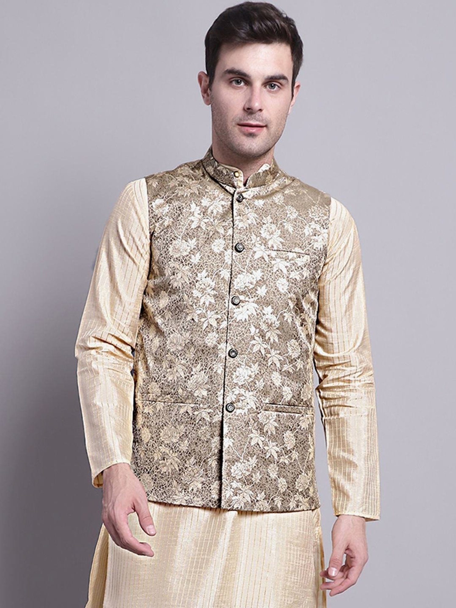 Jompers Beige Regular Fit Printed Nehru Jacket