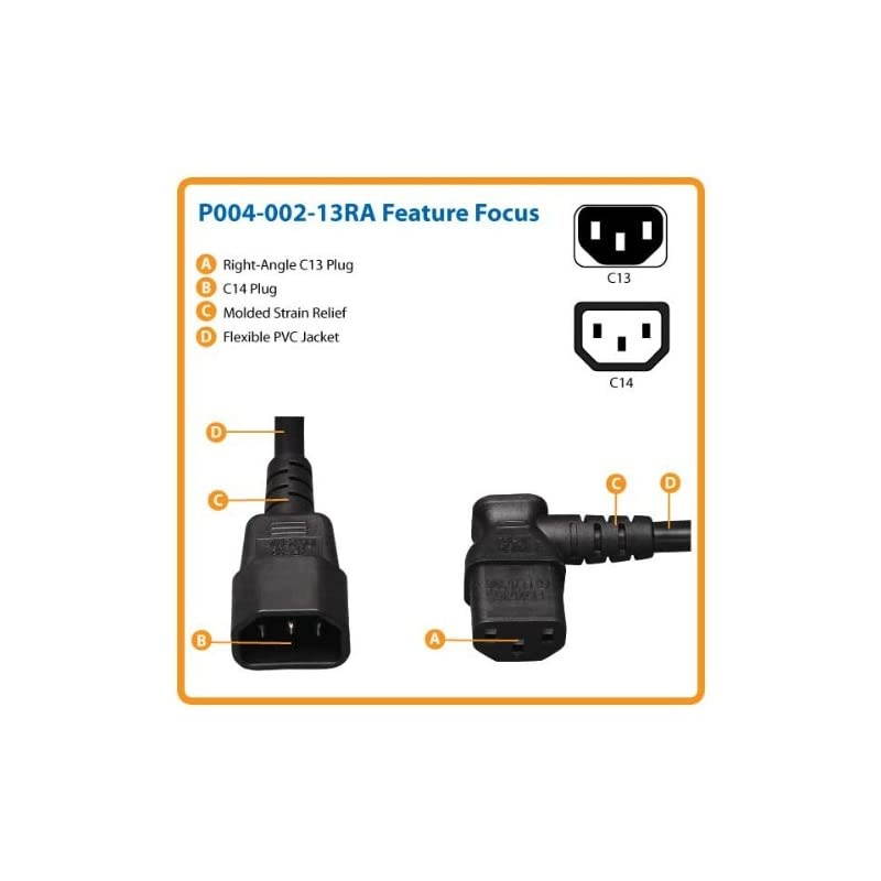 Standard Computer Power Extension Cord 10A, 18AWG (IEC-320-C14 to Right AngleIEC-320-C13) 2-ft.(P004-002-13RA) , Black